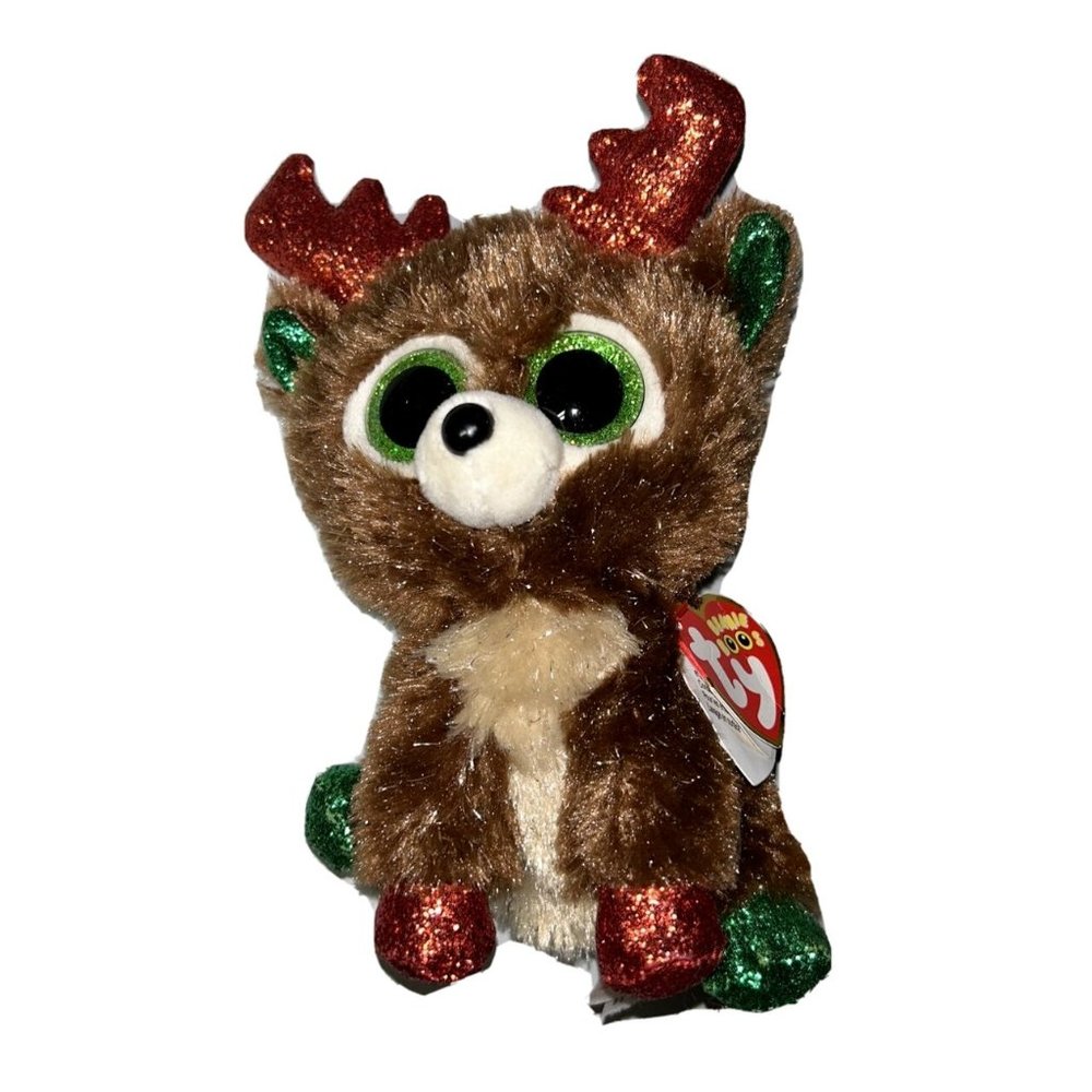 Ty Beanie Boo Christmas Reindeer Brown Red Green Fudge Stuffed Toy With Tag